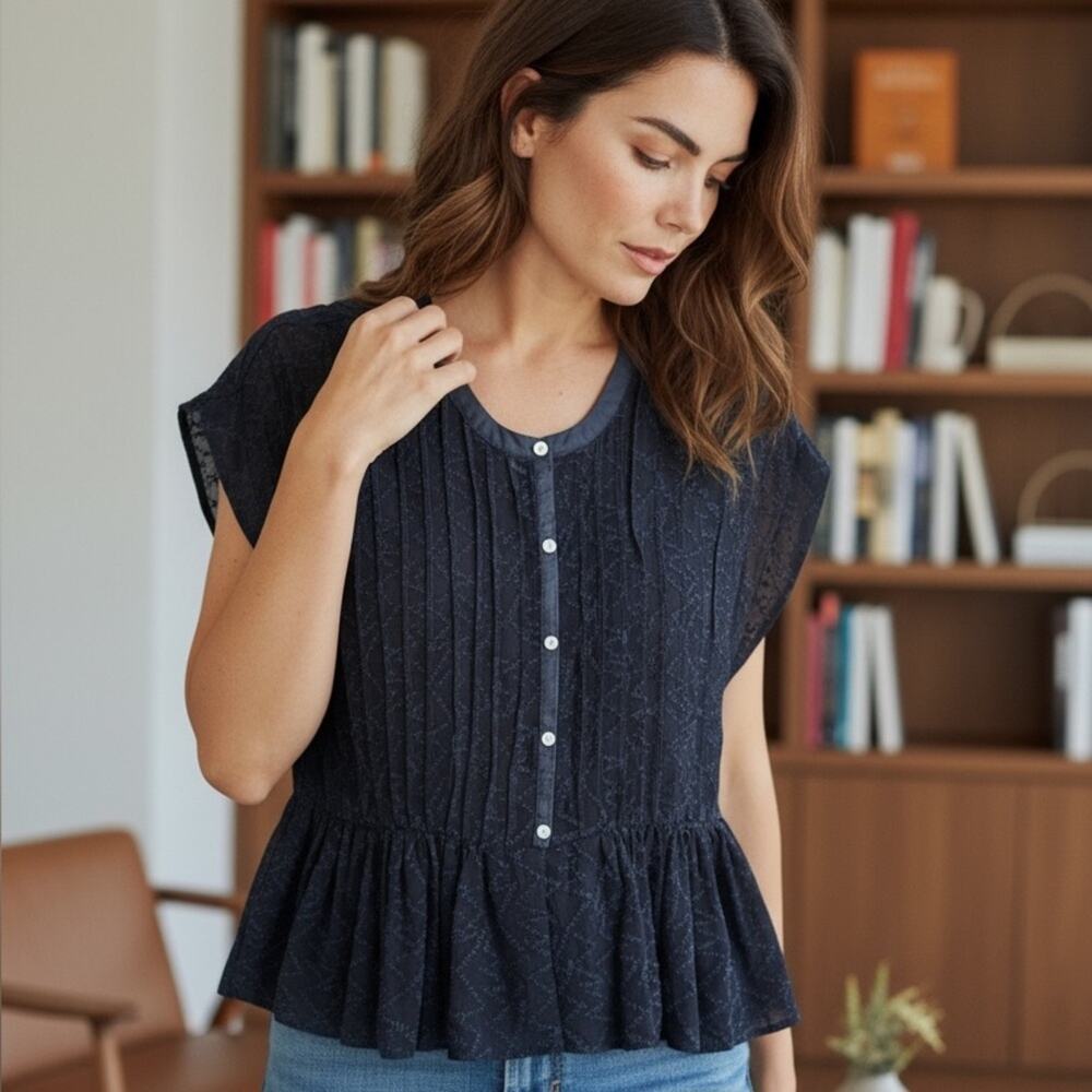 Burning Torch Navy Peplum Blouse Sheer Textured Pintuck Boho Top